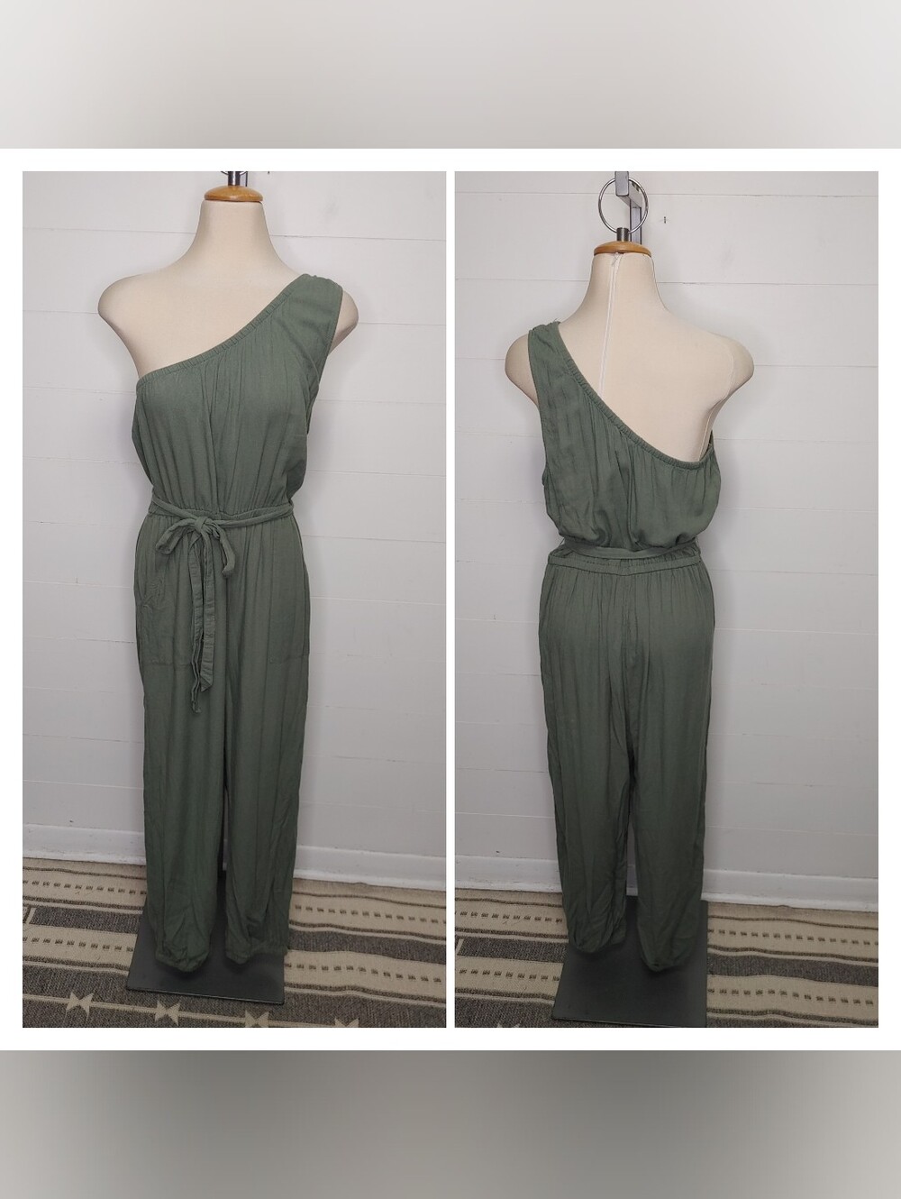 AEO Green One Shoulder Sleeveless Belted Jumpsuit L - Picture 2 of 10